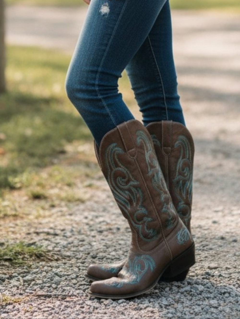 Women's Brown Leather Boots with Teal Embroidery